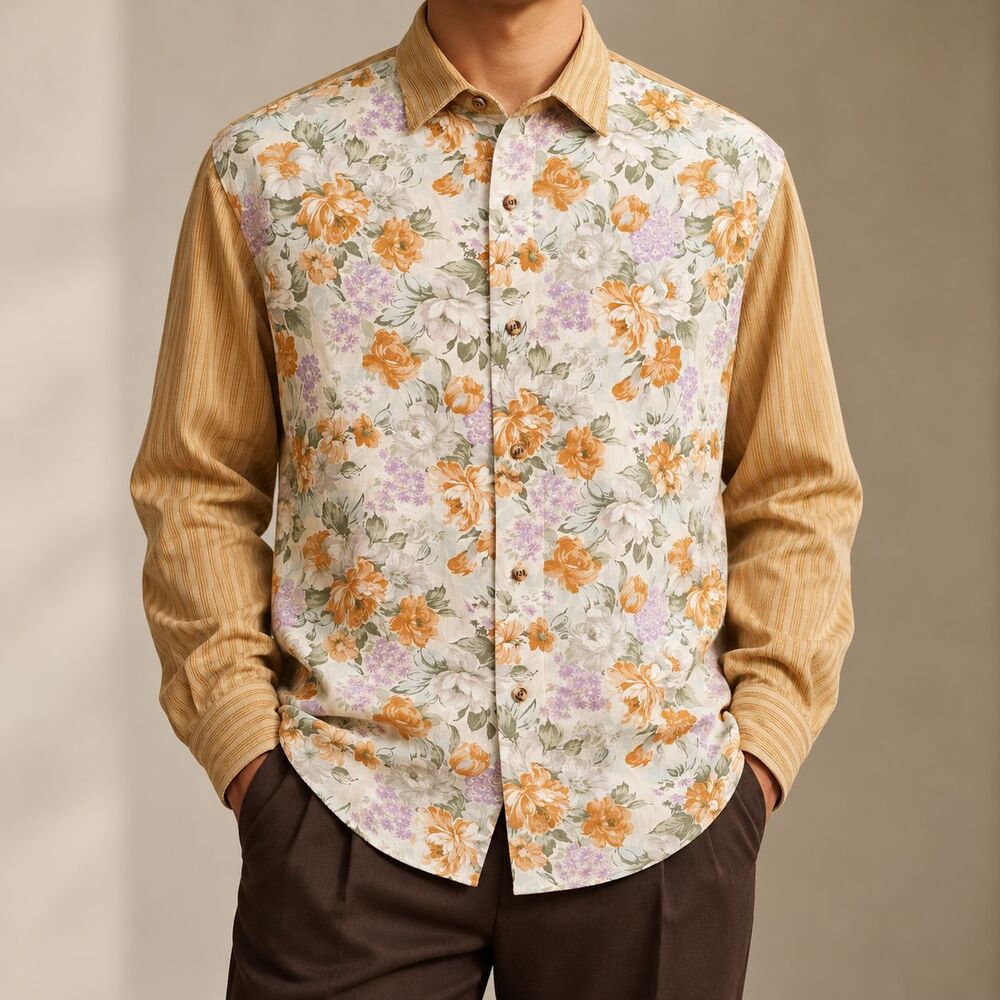 Mens Large Floral Corduroy Shirt Cotton Long Sleeve Boho Retro Button Up NWT